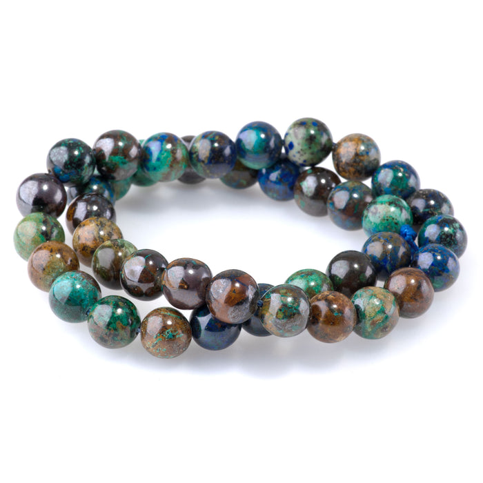 This is a Dakota Stones 10mm Azurite Gemstone strand with A grade round beads in 15-16 inch strand.