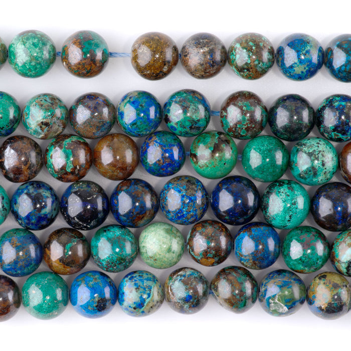 This is a Dakota Stones 10mm Azurite Gemstone strand with A grade round beads in 15-16 inch strand.