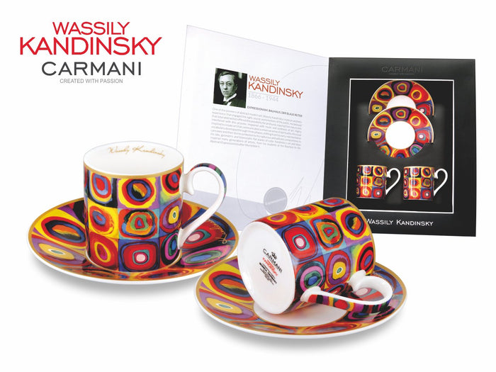 Carmani Painters 4pc espresso coffee set with Kandinsky Color Study design, full set view
