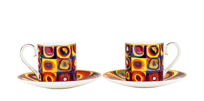 Side view of Carmani Kandinsky Color Study espresso cup and saucer showing abstract artwork detail