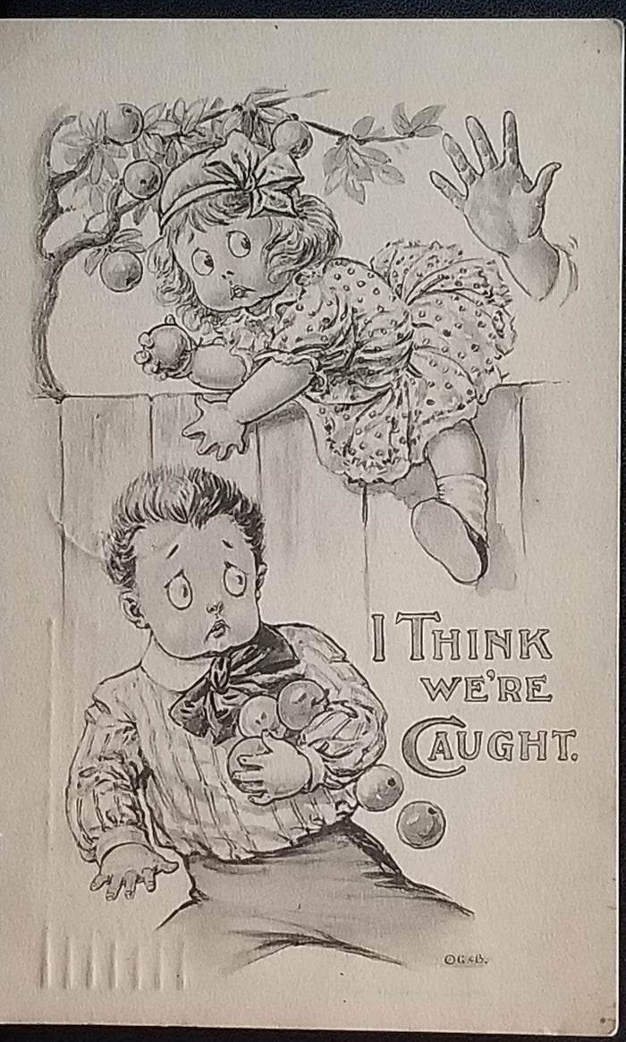 Comical Postcard Children Stealing Fruit From Apple Tree Gartner Bender Monochromatic Card