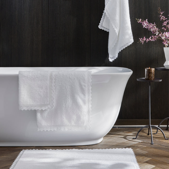 Matouk Ellis long staple cotton white terry bath towels, hand towels, wash cloths, guest towels, tub mats and bath rugs with crochet lace edge detail