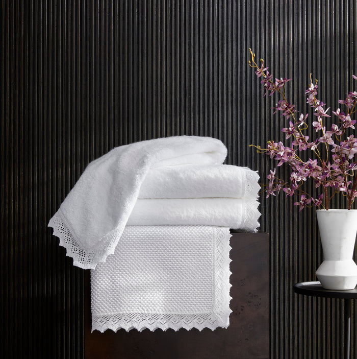Matouk Ellis long staple cotton white terry bath towel with crochet lace edge detail