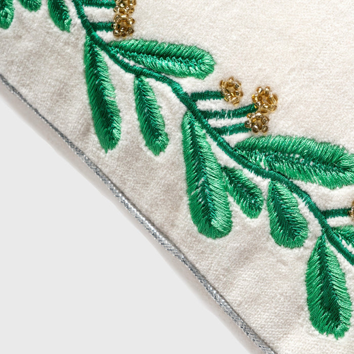 Embroidered Mistletoe Velvet Decorative Pillow in Cream by Joanna Buchanan — 20″ × 10″