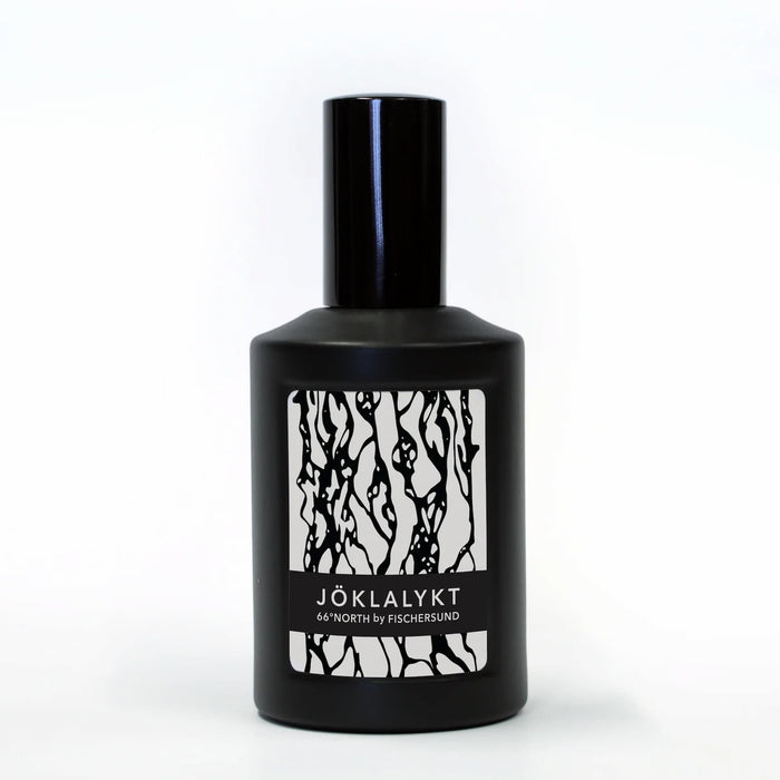 Fischersund Joklalykt black perfume bottle with a white label on a white background
