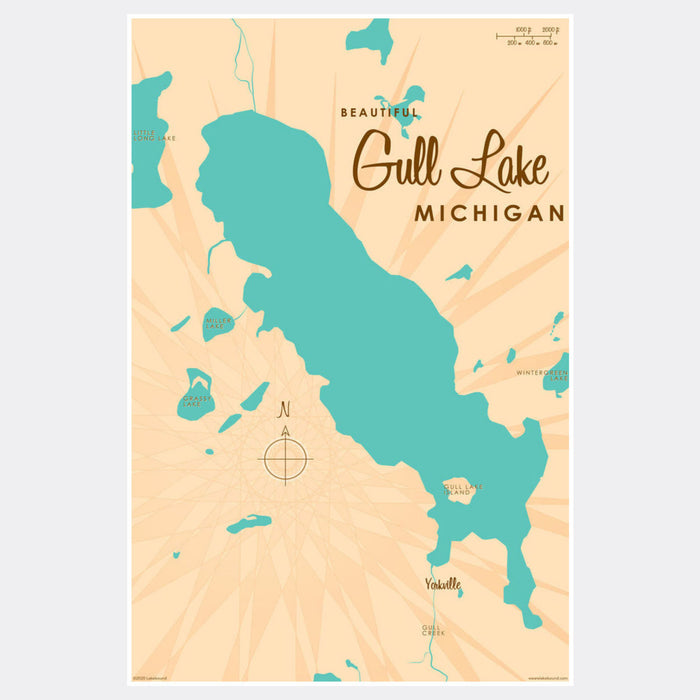 Gull Lake Michigan, Lake Map Art Print