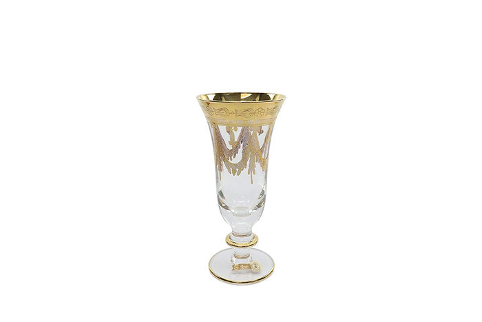 Interglass Italy crystal champagne flute with 24K gold vintage engraving, set of 6 on white background