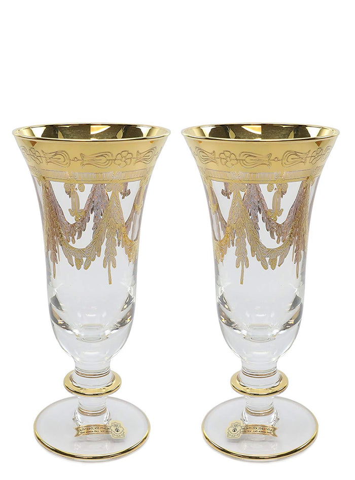Side view of Interglass Italy gold-plated crystal champagne glass showing full height and slender silhouette