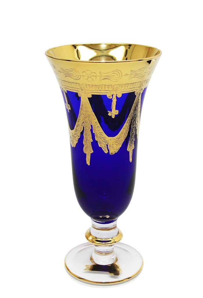 Interglass Italy set of 6 blue crystal champagne flutes with 24K gold engraving on white background