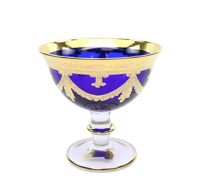 Interglass Italy blue crystal compote bowl on pedestal stem with 24-karat gold decoration
