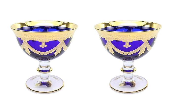 Side view of Interglass Italy vintage blue crystal compote showing stem and bowl profile