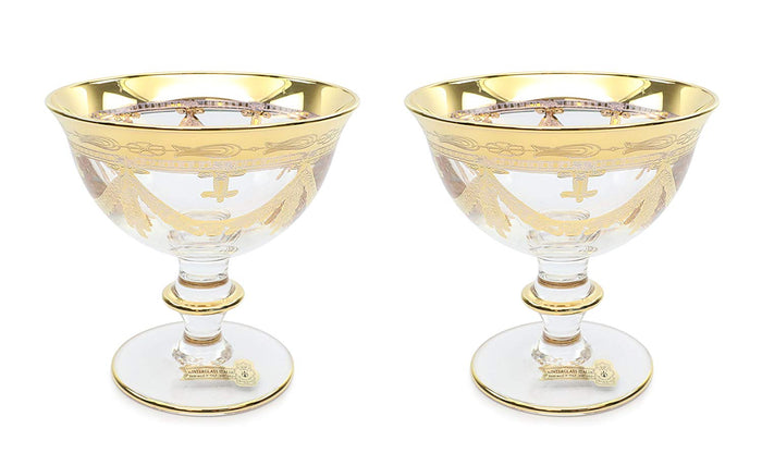 Side view of Interglass Italy stemmed crystal compote bowl showing elegant curved silhouette and gold detailing