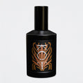 A black cylindrical bottle of Fischersund KOT fragrance with a matching black cap, featuring a front label with a stylized metallic gold and silver emblem, set against a white background.