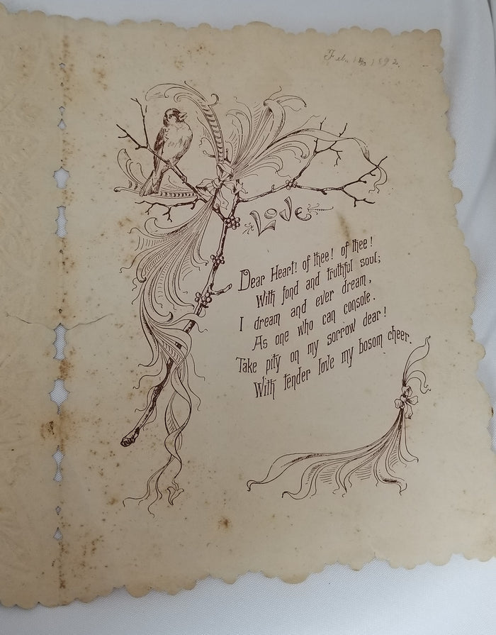 Large Vintage Antique Embossed Dresden Paper Valentine Card with Applied Silver Foil 1892 Little Girl & Birds