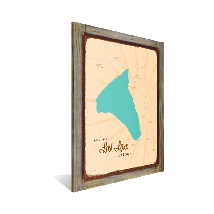 Lost Lake Oregon, Wood-Mounted Rustic Metal Sign Map Art