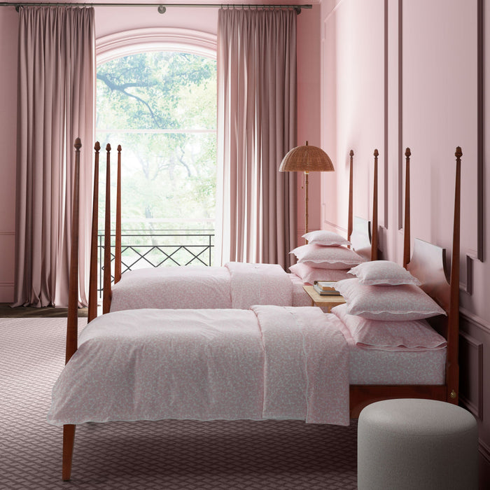Matouk Margot Cotton Bedding in Blush Pink Printed leaves and subtle scallop edges
