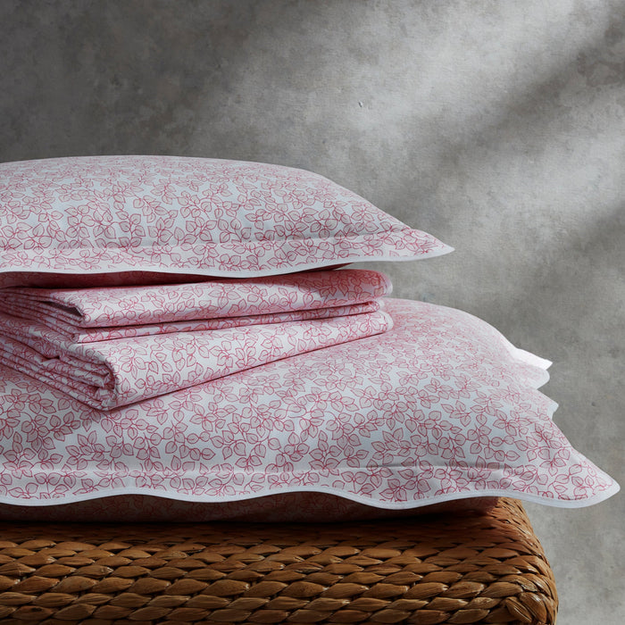 Matouk Margot Cotton Bedding in Blush Pink Printed leaves and subtle scallop edges