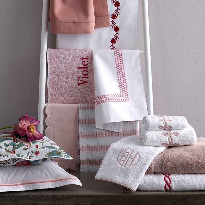 Matouk Margot Cotton Bedding in Blush Pink Printed leaves and subtle scallop edges