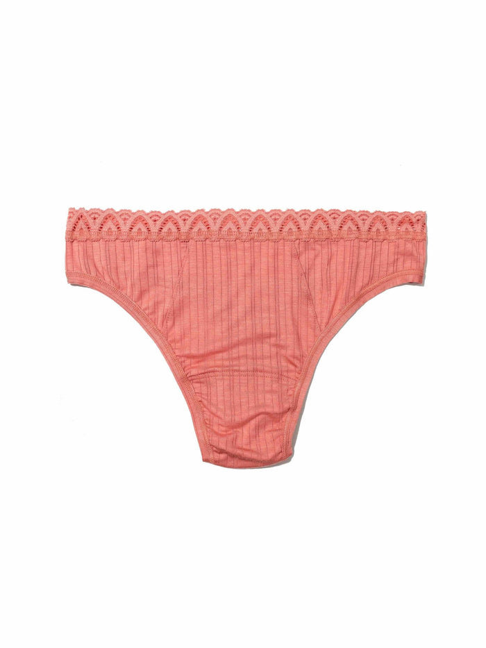 Antique Rose MellowLuxe™ Low Rise Thong ribbed knit with scallop lace waistband - Flat Lay | Hanky Panky