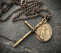 Men's Cross and Archangel St Michael Medal Necklace - Brass: 20"