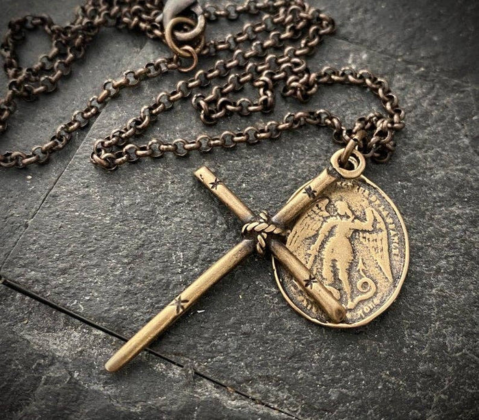 Men's Cross and Archangel St Michael Medal Necklace - Brass: 20"