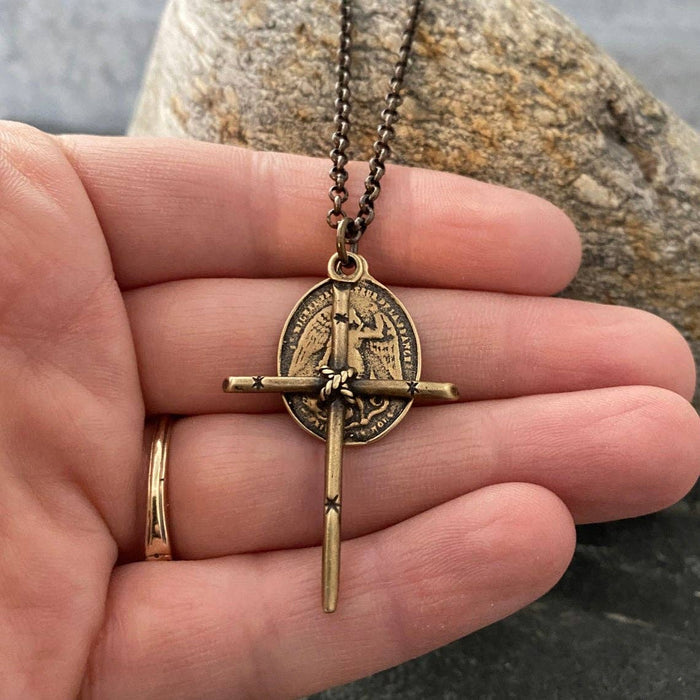 Men's Cross and Archangel St Michael Medal Necklace - Brass: 20"