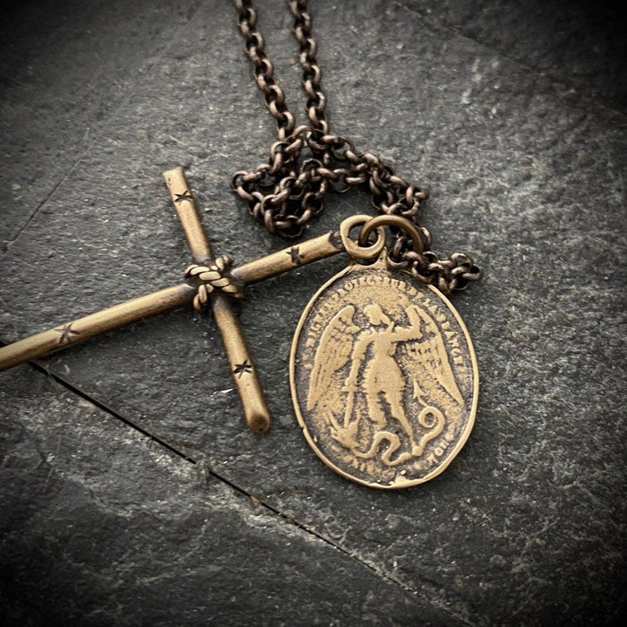 Men's Cross and Archangel St Michael Medal Necklace - Brass: 20"
