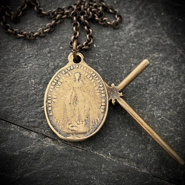 Men's Cross and Archangel St Michael Medal Necklace - Brass: 20"