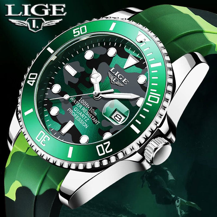 Men's Watch - Lige Quartz Watch With Silicone Camo Strap - GiddyGoatStore