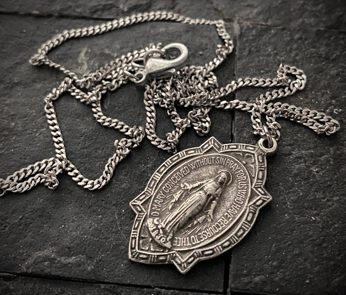 Miraculous Medal Blessed Mother men's Necklace: 20"