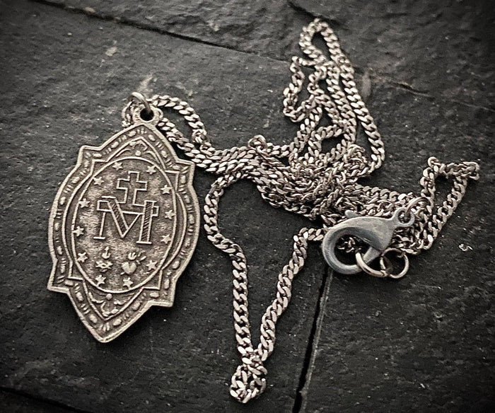 Miraculous Medal Blessed Mother men's Necklace: 20"