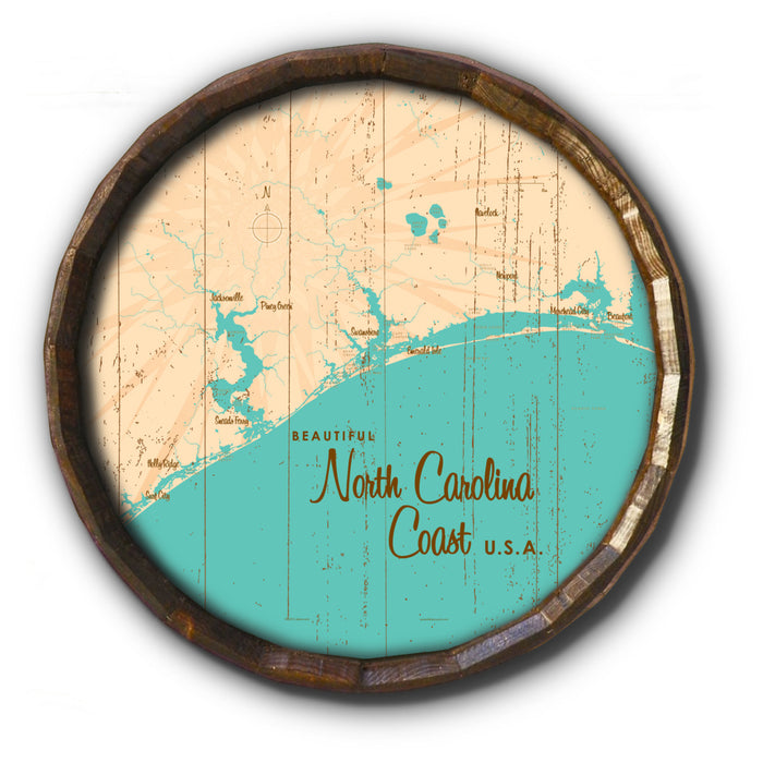 North Carolina Coast North Carolina, Rustic Lake Map Barrel End Wall Art