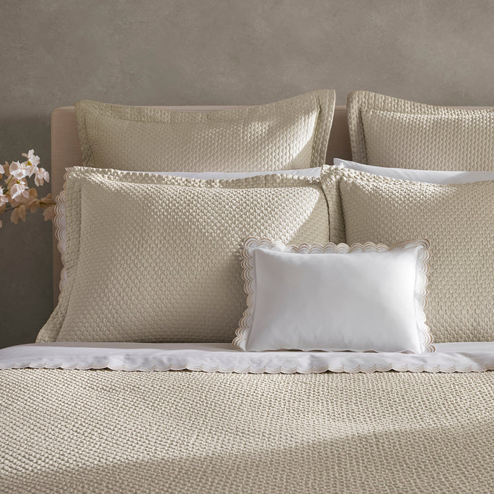 Matouk Perla pre-washed cotton coverlets and shams in almond with Stella sheeting