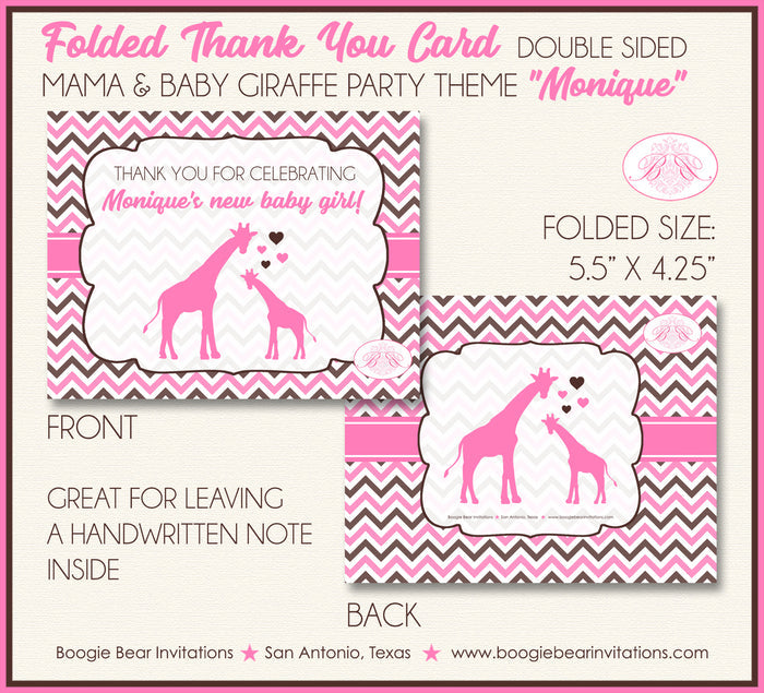 Pink Giraffe Girl Thank You Card Baby Shower Party Boogie Bear Invitations Monique Theme Printed
