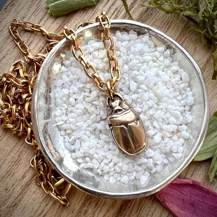 Scarab Beetle Gold Necklace, Minimal Brass Jewelry, Women's 18 inch, JohnnyGirl,