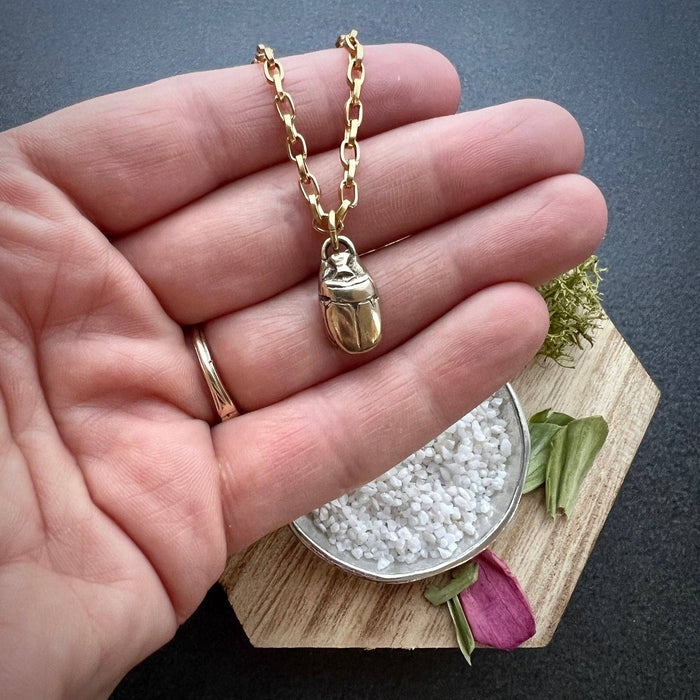 Scarab Beetle Gold Necklace, Minimal Brass Jewelry, Women's 18 inch, JohnnyGirl,