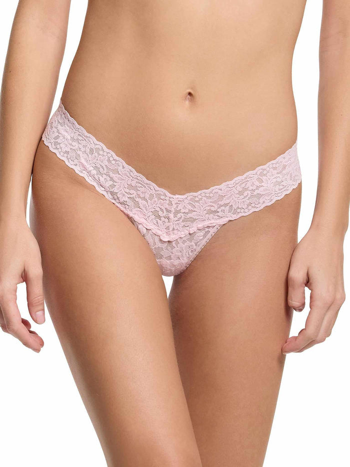 Bliss Pink Signature Lace® Low Rise Thong - Front View On Model, Comfortable Lace Thong Women | Hanky Panky