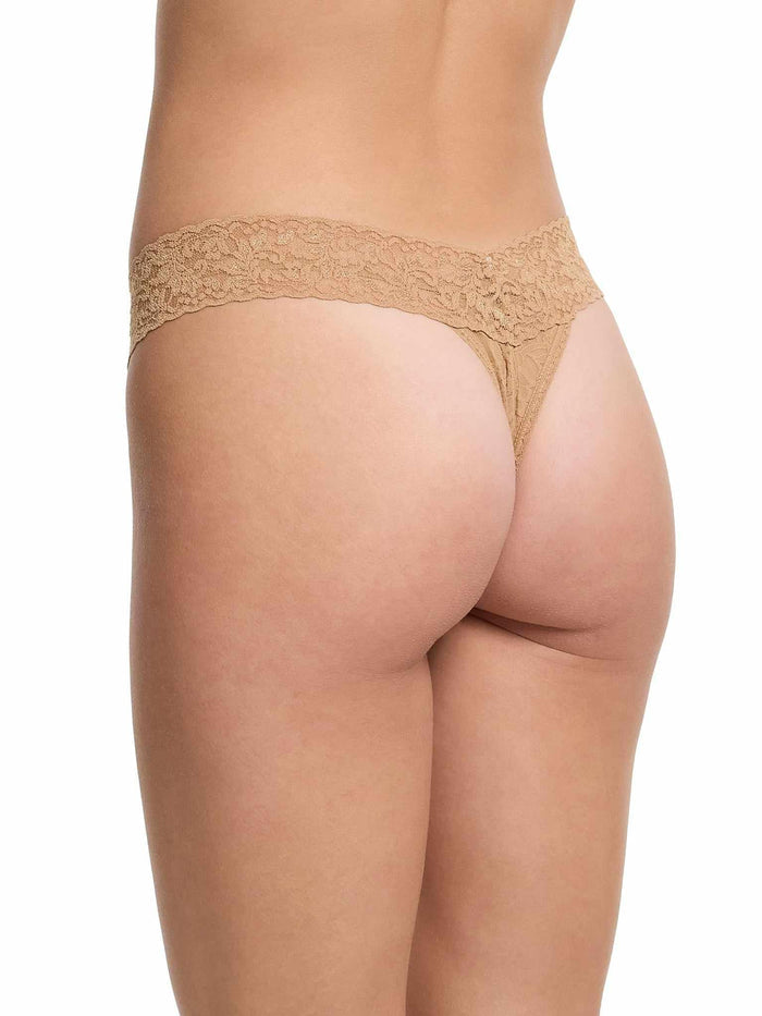 Signature Lace® Low Rise Thong Sun Tan - Back Angle, Beige Lace Thong On Model | Hanky Panky