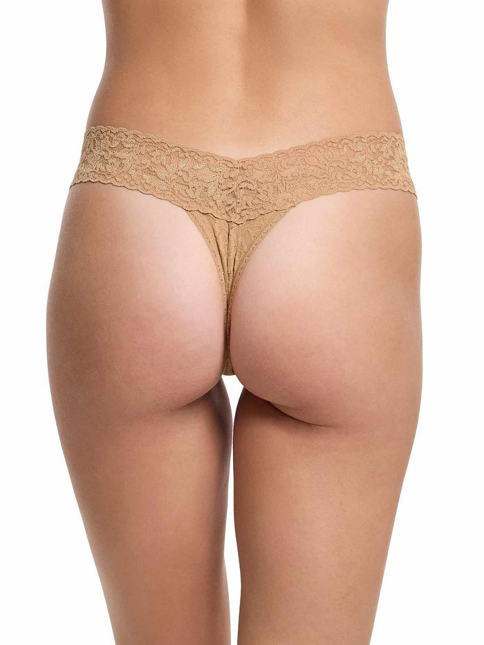 Signature Lace® Low Rise Thong Sun Tan - Back View On Model, Beige Tan Lace Thong | Hanky Panky