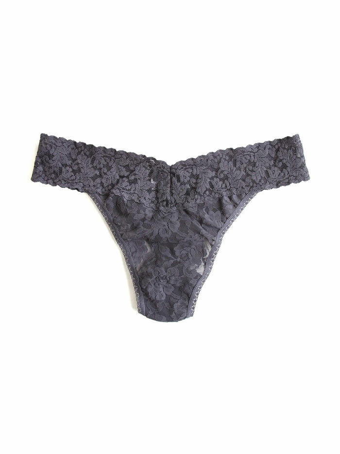 Granite Grey Signature Lace Original Rise Thong, Flat Lay Front View | Hanky Panky