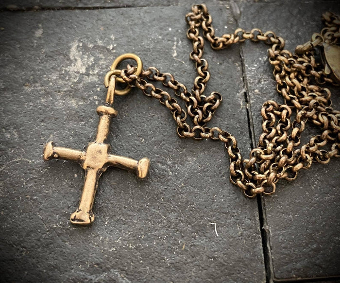 Small Cross Antiqued Solid Bronze Men's Necklace: 24