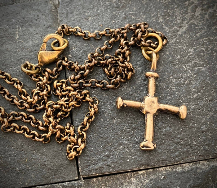 Small Cross Antiqued Solid Bronze Men's Necklace: 24
