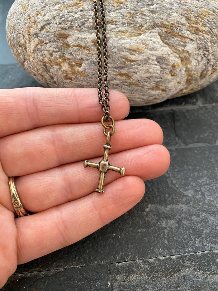 Small Cross Antiqued Solid Bronze Men's Necklace: 24