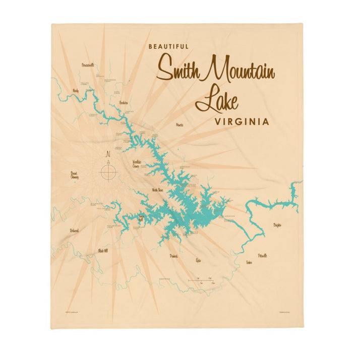 Smith Mountain Lake Virginia Map Throw Blanket