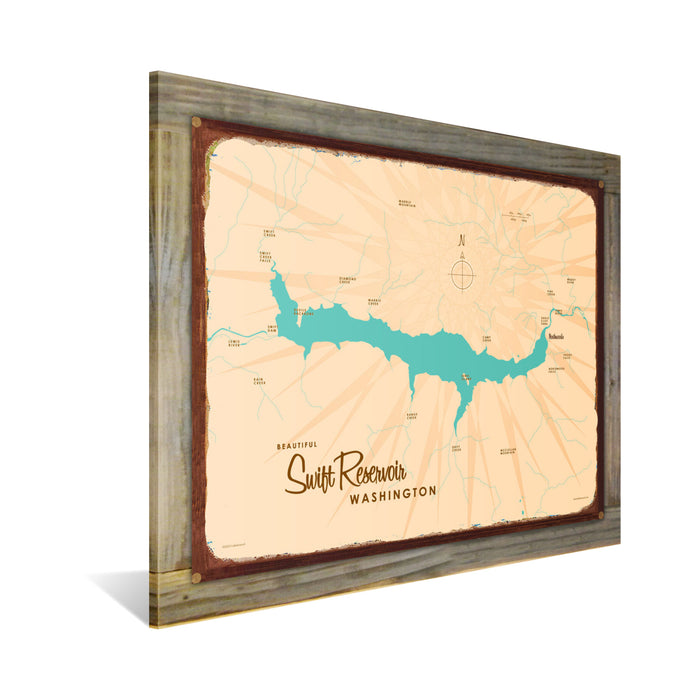 Swift Reservoir Washington, Wood-Mounted Rustic Metal Sign Map Art