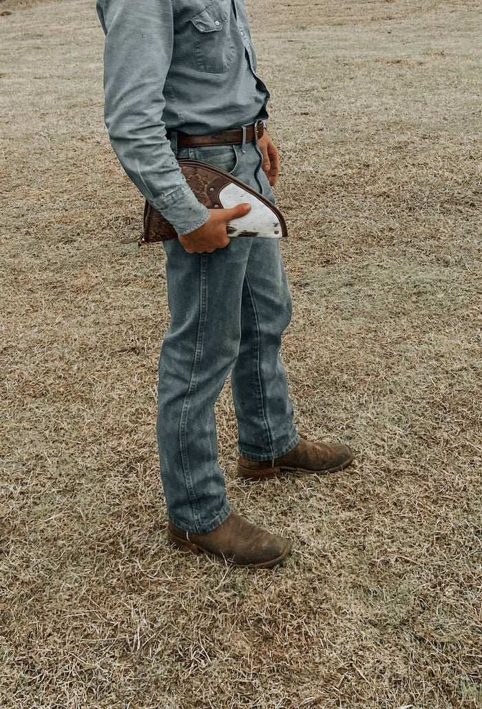 Texas Western Cowhide Bags and More - 12” Carry Case Cowhide and Tooled Leather