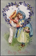 Valentine Postcard Boy & Girl in Purple Flower Heart Winsch Pub