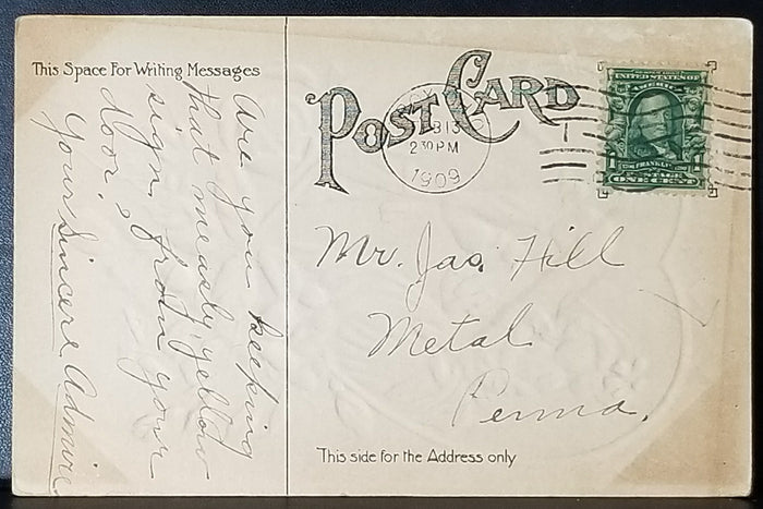 Valentine Postcard Gold Background Courting Couple in Victorian Dress