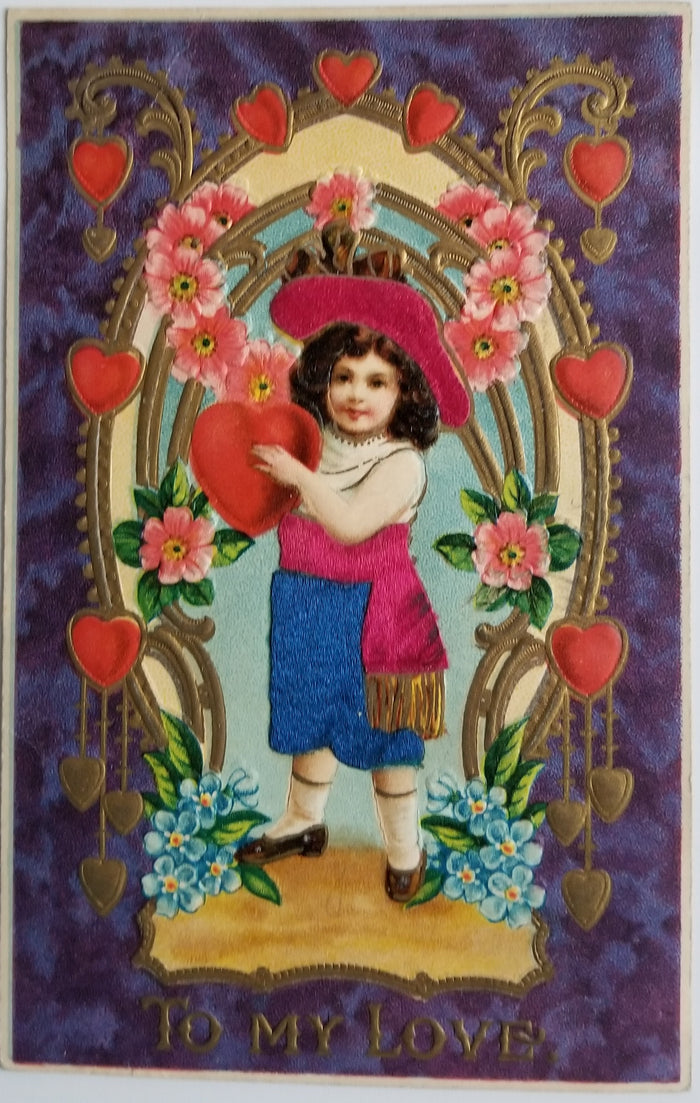 Valentine Postcard Silk Applied Child Holding Heart