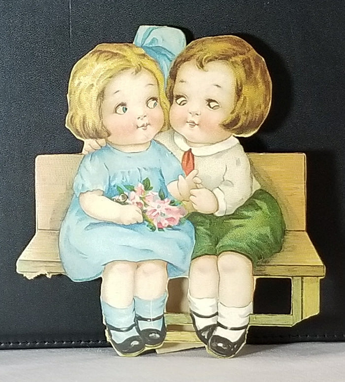 Vintage Antique Mechanical Valentine Card Children Seated on Bench Moving Eyes Artist Charles Twelvetrees